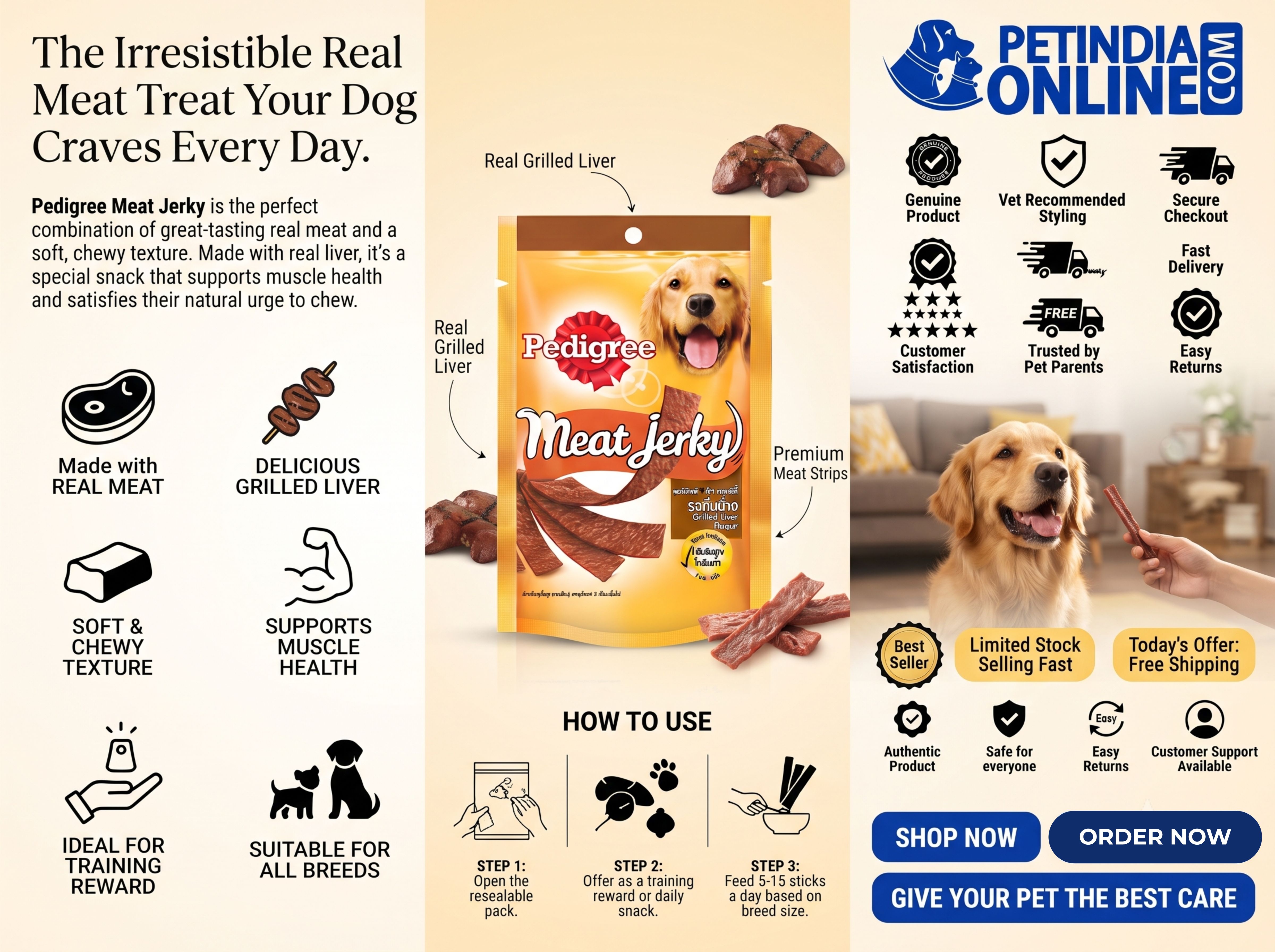 Pedigree Meat Jerky Grilled Liver 80gm: Soft & Tasty Dog Treat