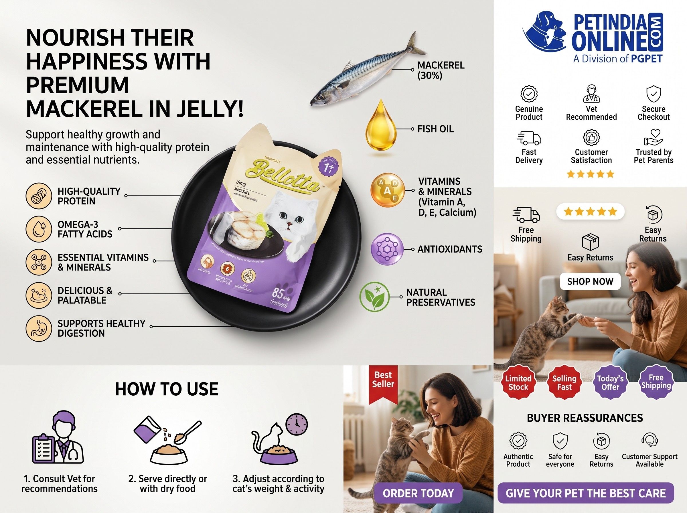 Bellotta Wet Cat Food Pouch Mackerel in Jelly 80g – Complete Nutrition for Adult Cats