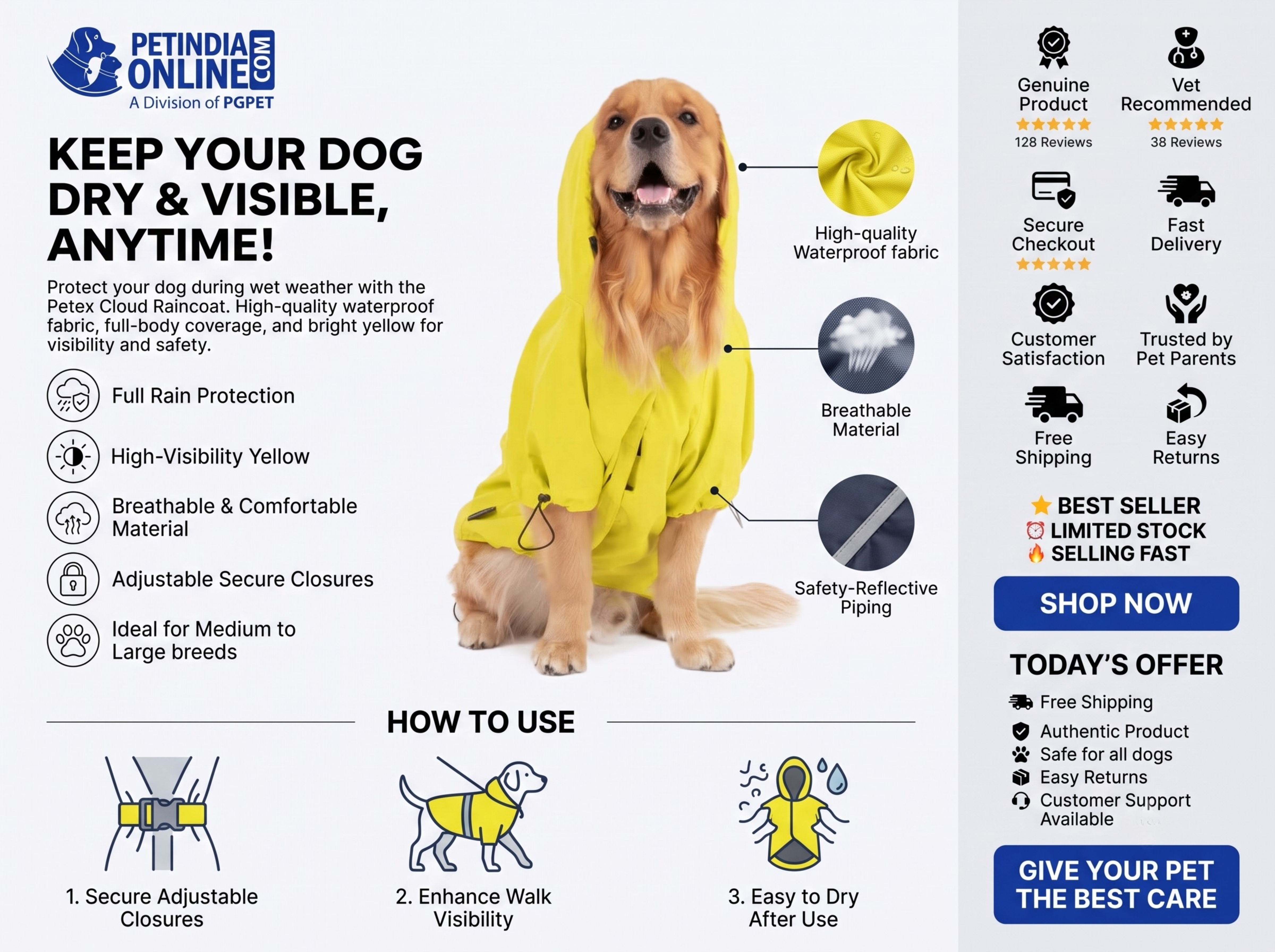 Petex Cloud Raincoat for Dogs Yellow 3XL – Waterproof Rain Protection for Large Dogs