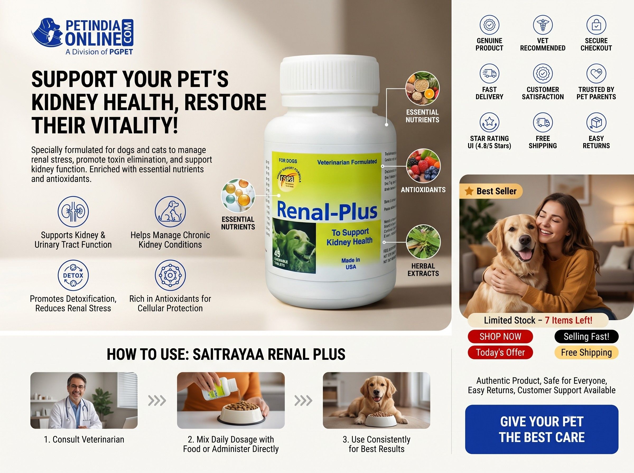 Saitrayaa Renal Plus 45 Tablets – Advanced Kidney Support Supplement for Dogs