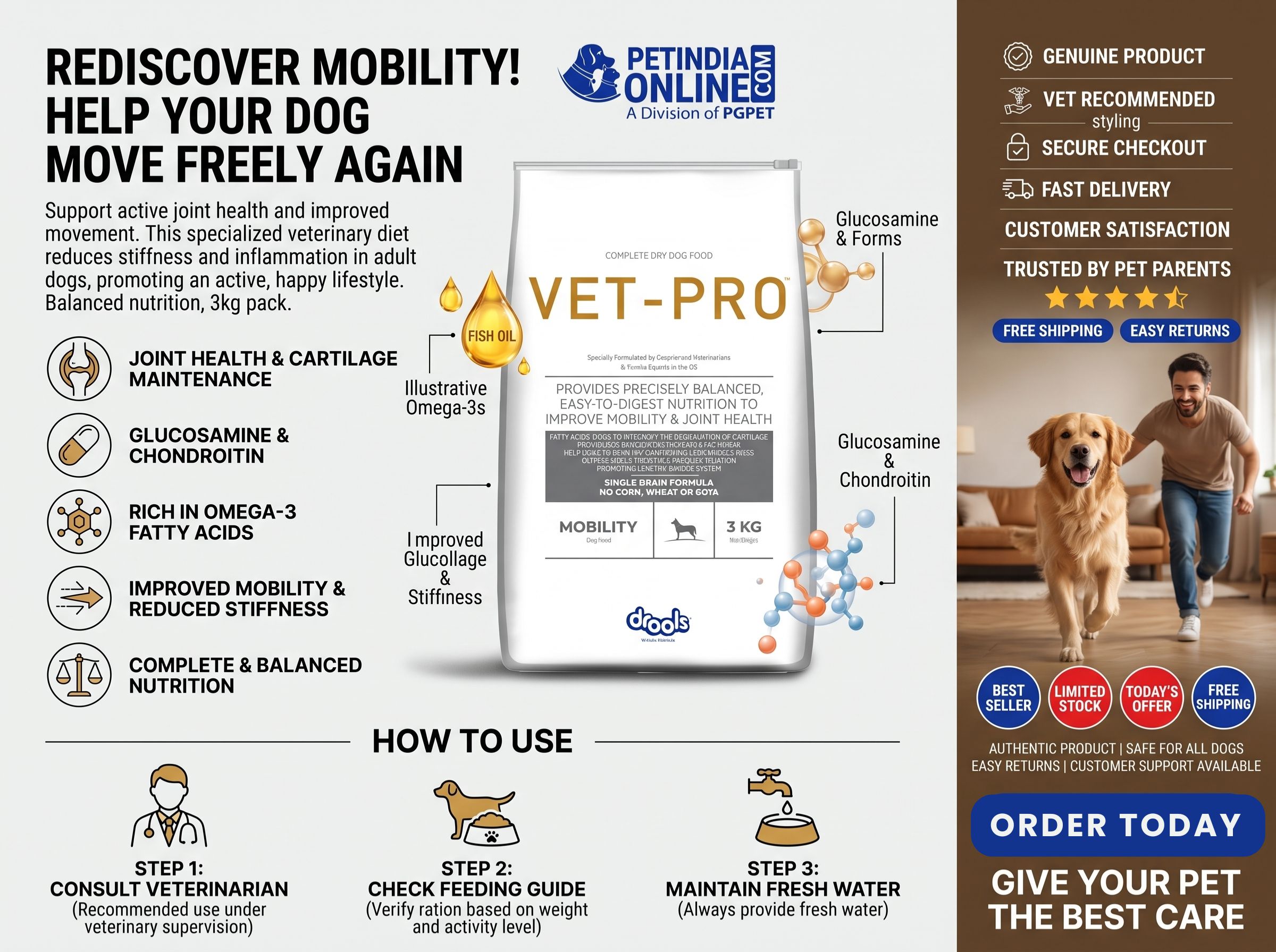 VetPro Mobility Dog Food 3kg – Veterinary Prescription Diet for Healthy Joints & Improved Mobility