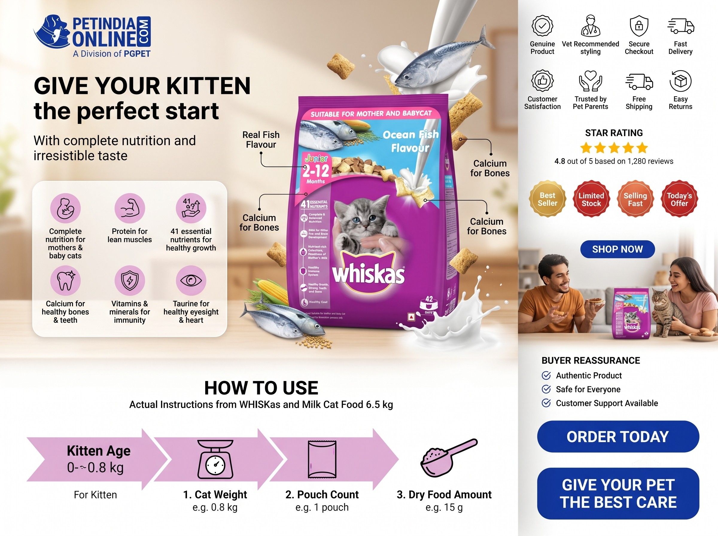 Whiskas Kitten Ocean Fish with Milk Cat Food 6.5kg – Complete Nutrition for Healthy Growing Kittens